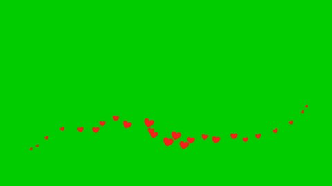 Animated red hearts fly from left to right. A wave of flying hearts. Vector illustration isolated on the green background.