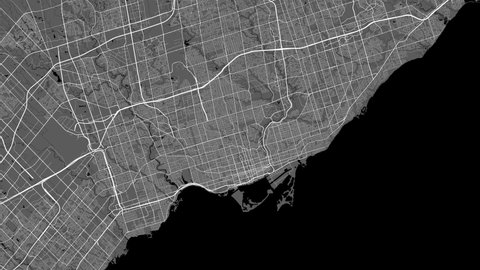 Toronto map with streets and water, rotating zooming. Canada Toronto streetmap simple grayscale flat design 4k animation video.