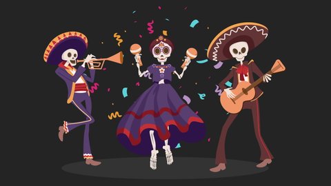 Halloween Dia De Los Muertos Holiday. Traditional Mexican Day Of Dead. Skeletons dance animation video