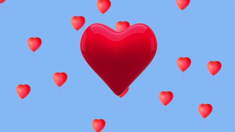 Animation of red heart beating, red heart balloons flying over blue background. Valentines Day celebration fun entertainment concept digitally generated image.