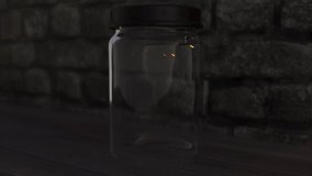 fireflies 3d animation in glass jar on the wooden table