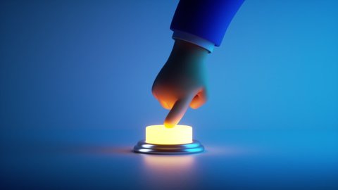 3d render, cartoon hand pushes the red button isolated on white background. Button glows in the dark. Seamless looping animation