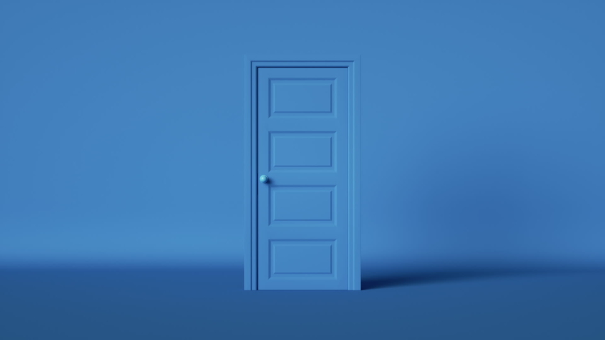 3d render, blue room, bright white light shining behind the opening door, flight forward, entering inside the doorway. Modern minimal concept. Opportunity metaphor. | Shutterstock HD Video #1060540318