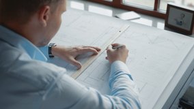 Young engineer drawing construction plan in office