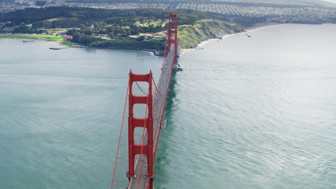 Aerial view of the Golden Gate Bridge. San Francisco, US. This suspension bridge is one of the most iconic landmarks of California. It connects the San Francisco peninsula to Marin County. Shot on Red