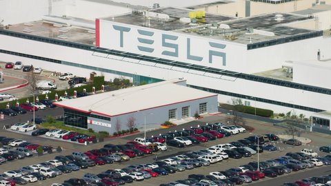 Fremont, California, US. Circa 2019: Aerial view of Tesla Headquarters in San Francisco, Silicon Valley. Tesla is an American automotive and energy company. This is its main vehicle assembly facility.