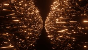 4K video animation of abstract sci-fi metallic structure having sharp and barbed corners and reflecting bright light.