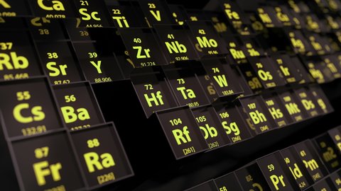 Periodic Elements looping animation.Chemistry periodic table of elements technological background.3D generated.3D and 2D graphic.Yellow