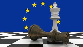 Animation of waving European Union flag with yellow stars, two chess pieces on blue background. European community economy concept digitally generated image. - Powered by Shutterstock - Get 15% off with code: PIKWIZARD15