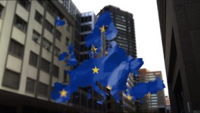 Animation of map of Europe, European Union flag with yellow stars and modern building on blue background. European community economy concept digitally generated image. - Powered by Shutterstock - Get 15% off with code: PIKWIZARD15