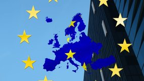 Animation of map of Europe, European Union flag with yellow stars and modern building on blue background. European community economy concept digitally generated image. - Powered by Shutterstock - Get 15% off with code: PIKWIZARD15