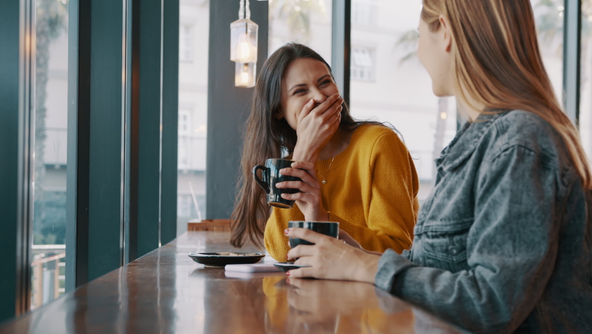 Female friends enjoying talking in a coffee shop. Two women sitting at cafe table drinking coffee and chatting.  | Shutterstock HD Video #1060545178