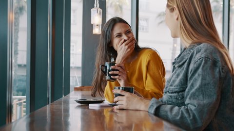Female friends enjoying talking in a coffee shop. Two women sitting at cafe table drinking coffee and chatting. 