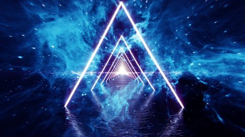Triangle Neon Light Passing to The  Nebula Background. 3D rendering. This work have seamless loop animation triangle light glow  and camera going to the nebula .