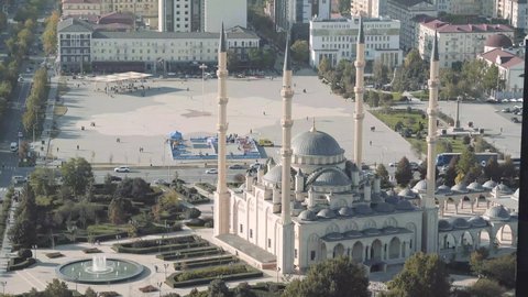 view of the square of the heart of Chechnya. Mosque on the background of modern buildings.