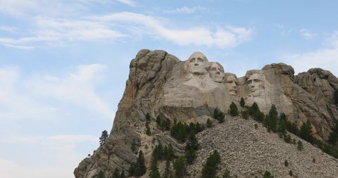 RUSHMORE, SOUTH DAKOTA - 26 SEP 2020: Mount Rushmore president mountain monument pan 4K. National Memorial in the Black Hills South Dakota. President Washington, Lincoln, Jefferson and Roosevelt.