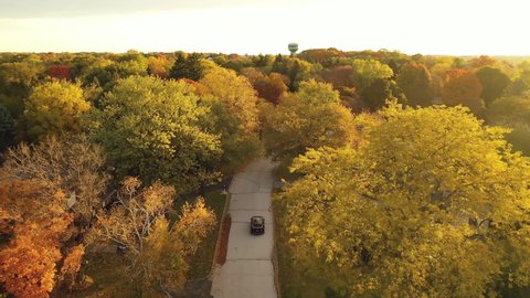 Driving a black SUV car down a suburban street in fall season. Tops of colorful trees, red orange yellow foliage. The Autumn colors. Aerial view. Golden hour (sunset, sunrise): stockvideo