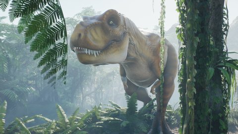 T Rex Tyrannosaurus dinosaur in the morning foggy prehistoric jungle. View of the green prehistoric forest in the jungle on a sunny morning.