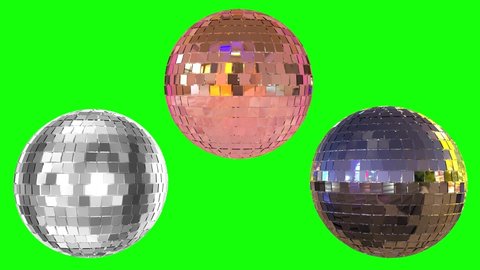 3 different styles of mirror balls, concept of night club, disco music ,dance and party.Green screen chroma key background. Retro vintage 3d model. 4k animation.