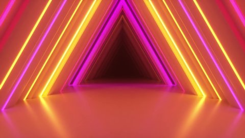 Abstract neon triangle tunnel technological. Endless swirling animated background. Modern neon light. Bright neon lines sparkle and move forward. Seamless loop 3d render