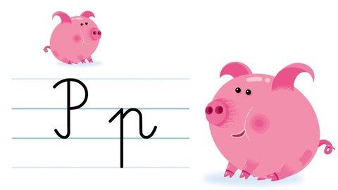 P letter writing like pig cartoon animation. A part of the alphabet serie. Handwriting educational style for children. Good for education movies, presentation, learning alphabet, etc...