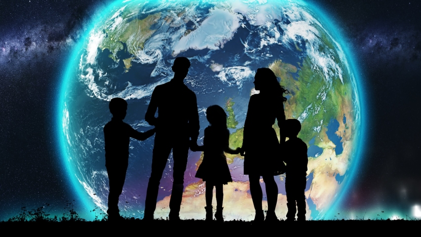 A Silhouette of a Family Standing on the Edge and Watching an Spinning Earth During Traveling by Solar System. Earth Rising Over the Horizon on Sky Up.Flying Into the Infinite Universe. A Star Is Born | Shutterstock HD Video #1060562101