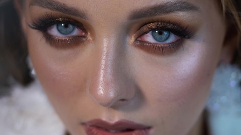 Girl With Long Fake Eyelashes And Perfect Make-up. Closeup Of Beautiful Young Female Model With Soft Smooth Skin And Professional Facial Makeup. High Resolution. Beauty Woman Face 4K