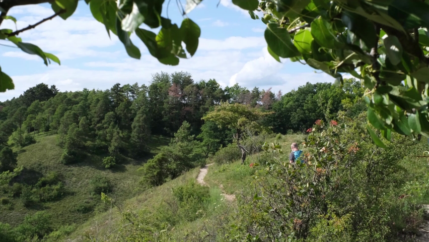 Tourist with blue backpack walking along the Edelweiß Loop, which is an intermediate hiking tour to the Edelweiss Flower near Karlstadt am Main. The trail is part of the River Main Trekking Path.