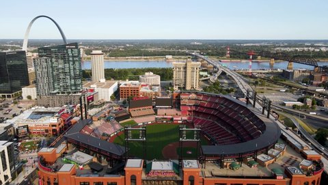 St. Louis , Missouri / United States - 09 19 2020: American Sports Concept - St. Louis Cardinals Baseball Busch Stadium. Drone Aerial Flyover View