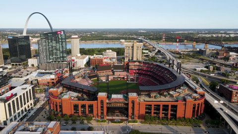 St. Louis , Missouri / United States - 09 19 2020: St. Louis Cardinals Baseball Stadium in Downtown City in Missouri - Flying Above Aerial view