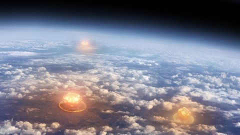 Aerial view of nuclear explosions and mushroom clouds in space, nuclear war or World War III, apocalypse concept
