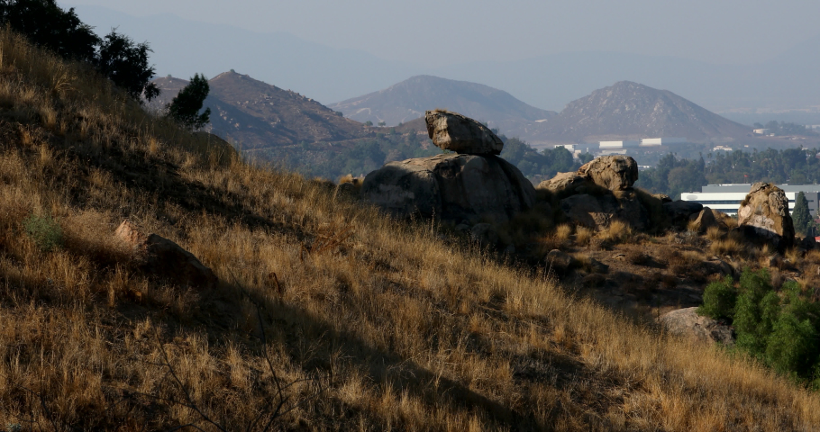Late afternoon view of the hills surrounding downtown Riverside, California, USA.