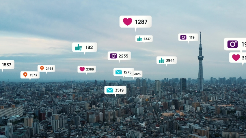 Notice balloons of social networking service pop-up above modern city. Social media. | Shutterstock HD Video #1060578292