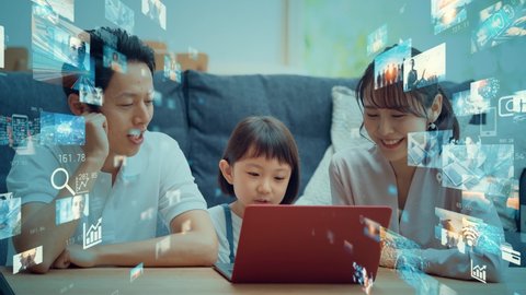 Asian family watching video distribution service.