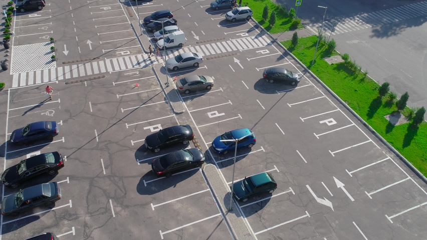 Parking top view, park near the store, large parking for cars.  Store parking lot, store street car parking,