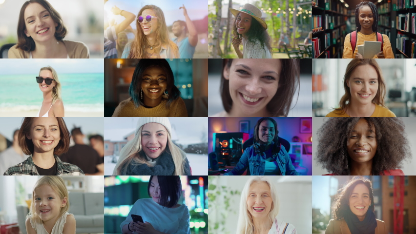 Multiple Screen Montage: Diverse Group of Beautiful Authentic Women Smiling and Looking at Camera. Gorgeous Females of Different Age, Background, Ethnicity, Beauty and Character Smiling Together | Shutterstock HD Video #1060585795