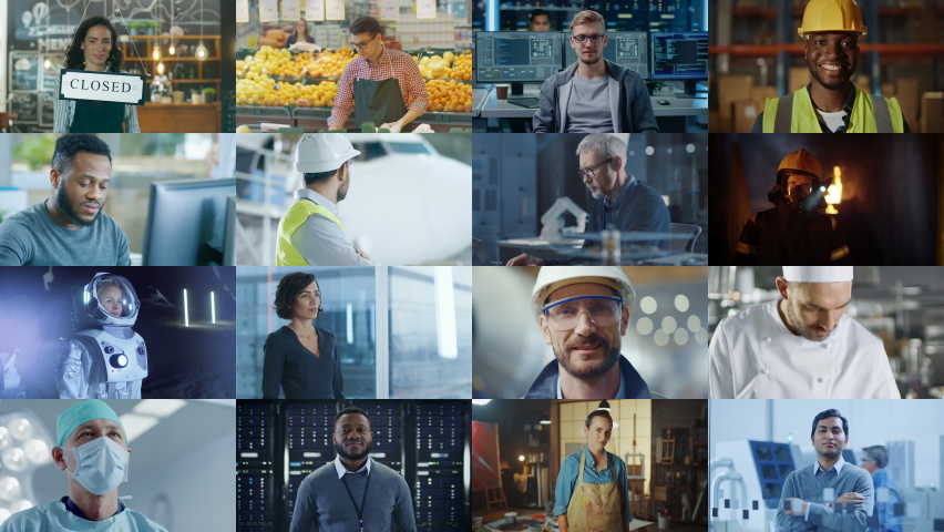 Multiple Screen Montage: Diverse Group of Professional People Smiling. Business People, Entrepreneur, Worker, Engineers, Female Astronaut, Artist, Chef, CEO, IT Specialist. Happy Workers of the World | Shutterstock HD Video #1060585798