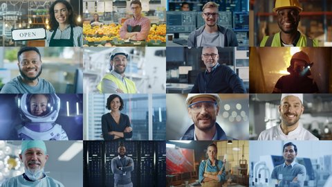 Multiple Screen Montage: Diverse Group of Professional People Smiling. Business People, Entrepreneur, Worker, Engineers, Female Astronaut, Artist, Chef, CEO, IT Specialist. Happy Workers of the World