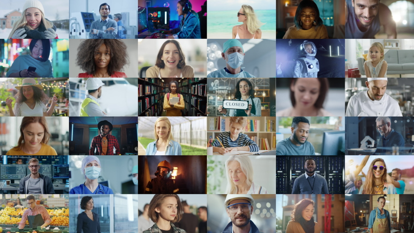Montage of Happy Multi-Cultural and Multi-Ethnic People of Diverse Background, Gender, Ethnicity, and Occupation Smiling at Posing Looking at Camera. Happy Workers of the World Smiling. Collage Royalty-Free Stock Footage #1060585801