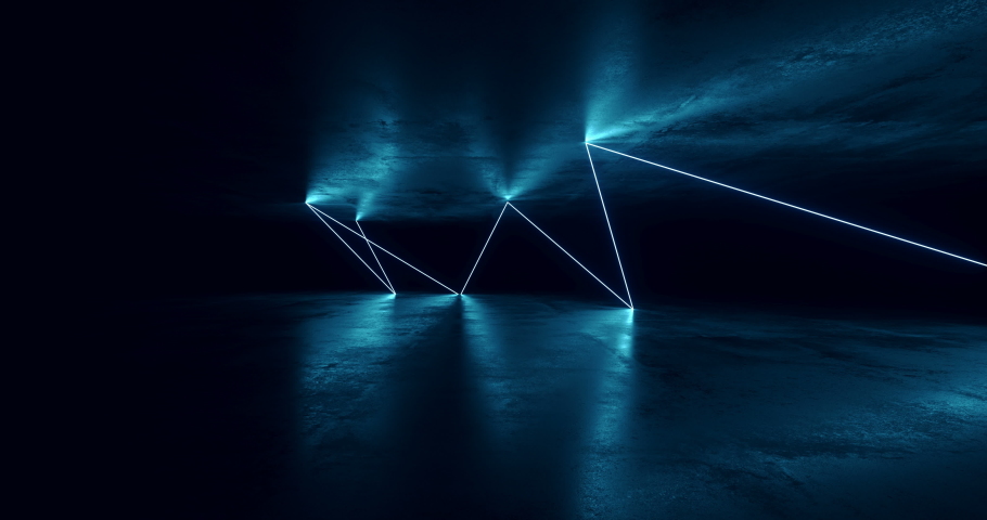 Sci Fi Futuristic Cyber Glowing Flickering Neon Fluorescent Laser Beams Purple Blue In Underground Parking Garage Hallway Grunge Concrete | Shutterstock HD Video #1060587274