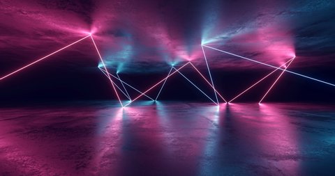 Sci Fi Futuristic Cyber Glowing Flickering Neon Fluorescent Laser Beams Purple Blue In Underground Parking Garage Hallway Grunge Concrete