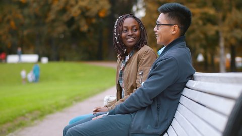 Flirting diverse couple sitting on bench in park spending time together. Young happy chinese man and african woman relaxing on bench outdoors and talking enjoying romantic date Adlı Stok Video