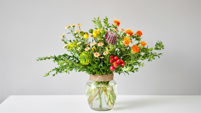 Stop motion. Bouquet 005, step by step installation of flowers in a vase. Flowers bunch, set for home. Fresh cut flowers for decoration home. European floral shop. Delivery fresh cut flower. | Shutterstock HD Video #1060592011