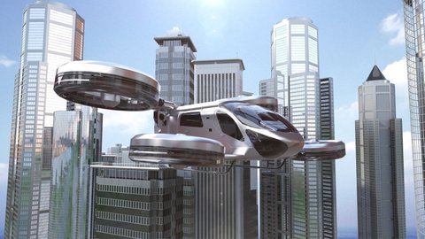Drone taxi flying between buildings in city, Future transportation technology, 4k animation.