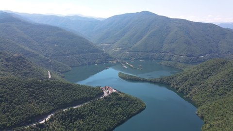 Amazing Aerial view of The Vacha (Antonivanovtsi) Reservoir, Rhodope Mountains, Plovdiv Region, Bulgaria