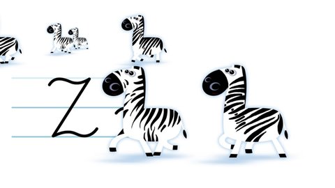 Z letter writing like zebra cartoon animation. A compatibile part of the alphabet serie. Handwriting educational style for children. Good for education movies, presentation, learning alphabet, etc...
