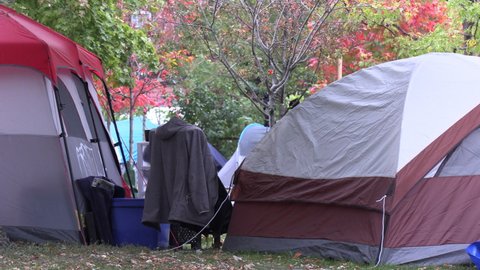 Toronto, Ontario, Canada October 2020 Homeless people living in tents in Toronto city parks during COVID 19 pandemic