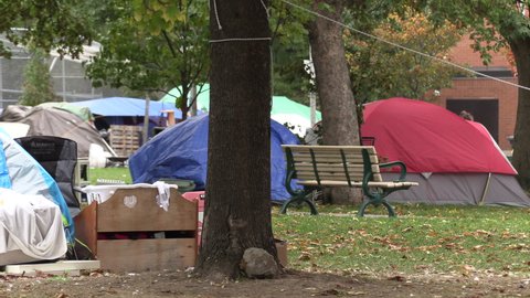 Toronto, Ontario, Canada October 2020 Homeless people living in tents in Toronto city parks during COVID 19 pandemic