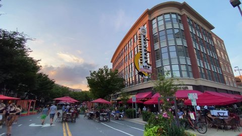 Bethesda, Maryland / USA - August 2020: Bethesda Row opens up its "Streetery" to allow for more outdoor dining during the COVID-19 pandemic. Woodmont Avenue is closed off to traffic.