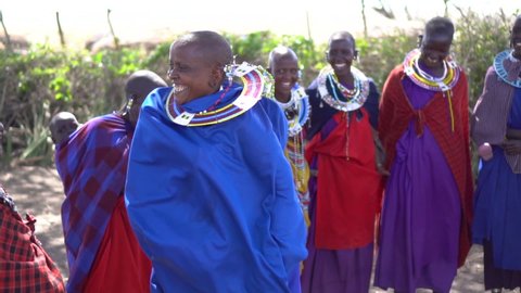 Ngorongoro / Tanzania - 08 31 2019: Slow Motion of Happy Maasai Tribe Females In Traditional Jumping Dance. African Ethnic Group Living in Savannah